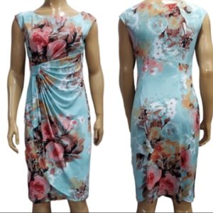 Connected Apparel Floral Print Ruched Wrap Look Midi Dress